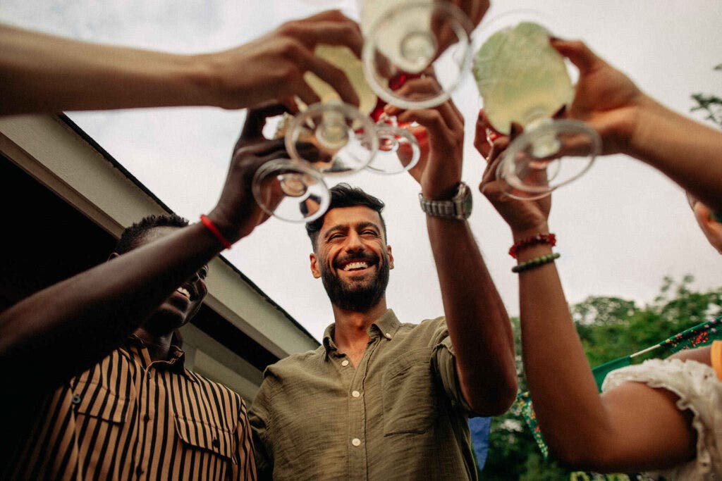 group of friends toasting in Stockholm, Sweden