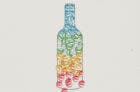 An illustration of a wine bottle made up of ripped up usda bottles