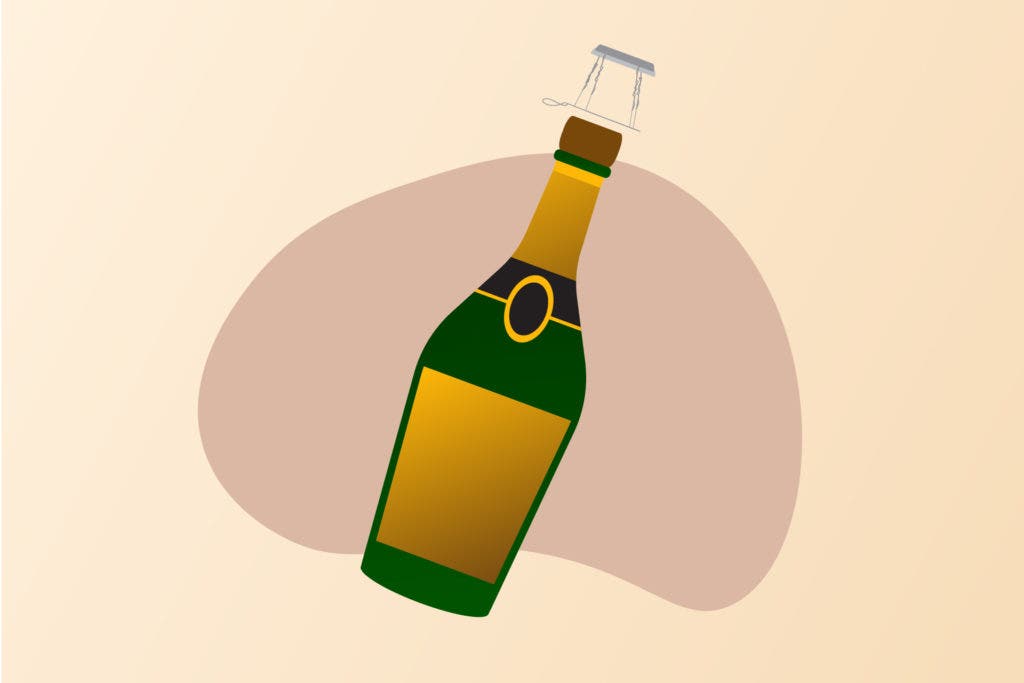 Illustration of a champagne bottle with the muselet coming off