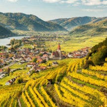 Weissenkirchen Wachau Austria in autumn colored leaves and vineyards on a sunny day