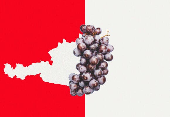 A grape on a grey and red background with the shape of Austria