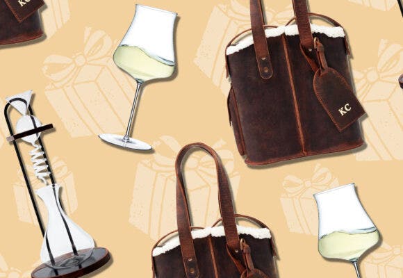 Wine Enthusiast wine gifts on a designed background