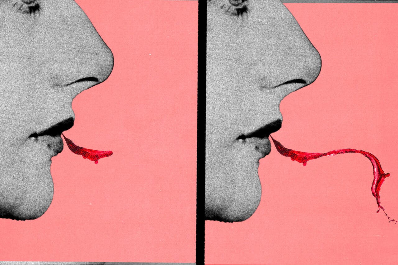 two frames of an illustration of a woman spitting wine