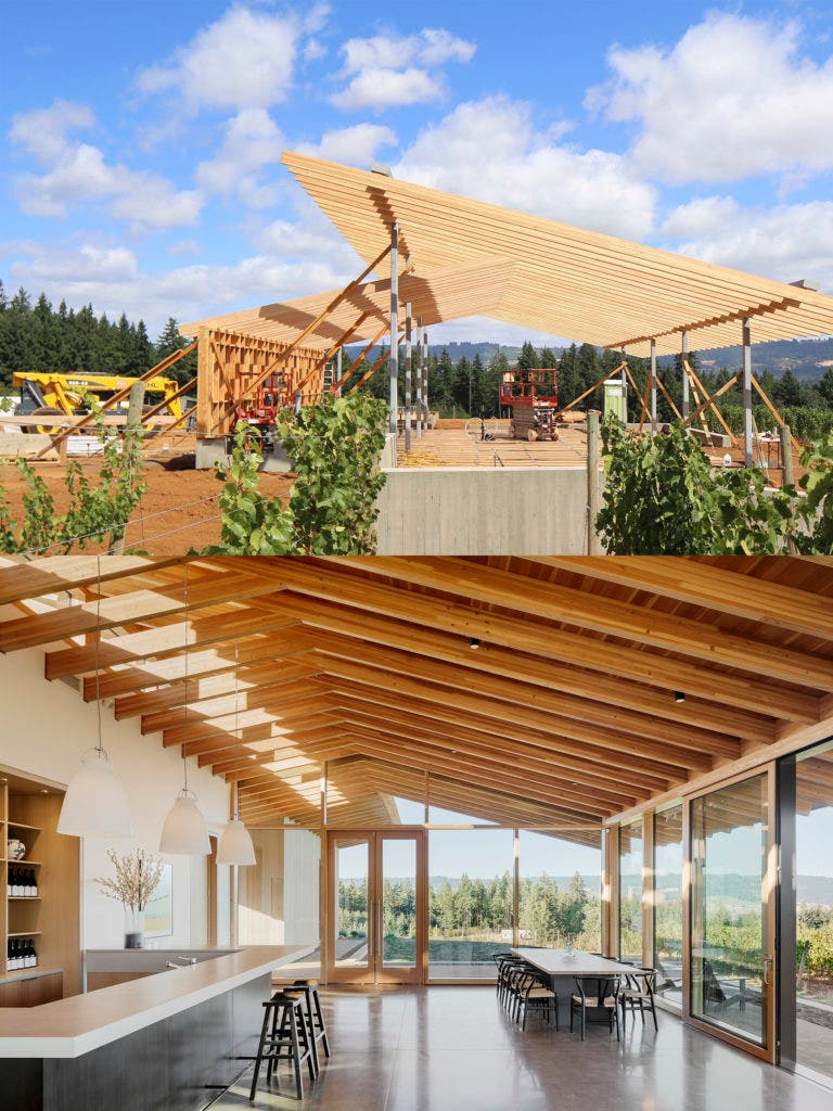 L’Angolo Estate's distinctive rooing framework being built (above) and the interior of the finished tasting room (below)