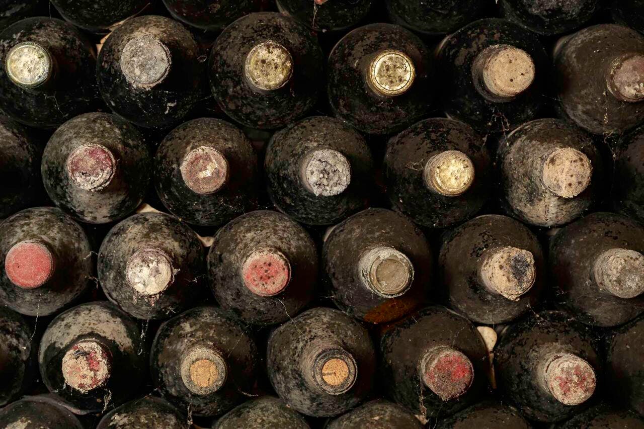 Rows of moldy wine bottles stacked in cellar