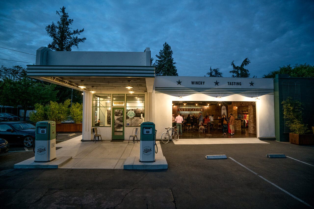 Tank Garage Winery at dusk, housed in a former 1930s gas station